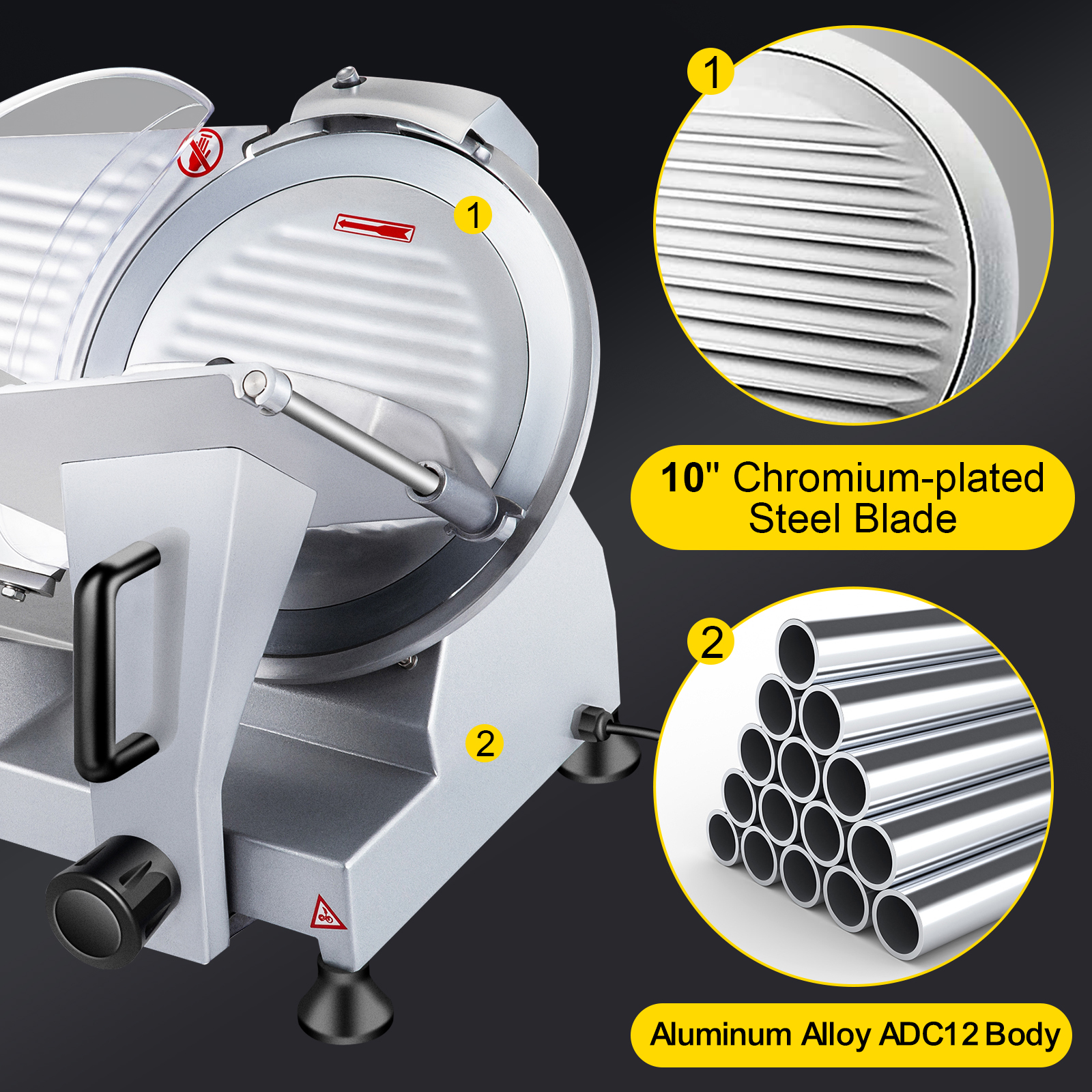 VEVOR meat slicer with 10" chromium-plated steel blade and aluminum alloy adc12 body.
