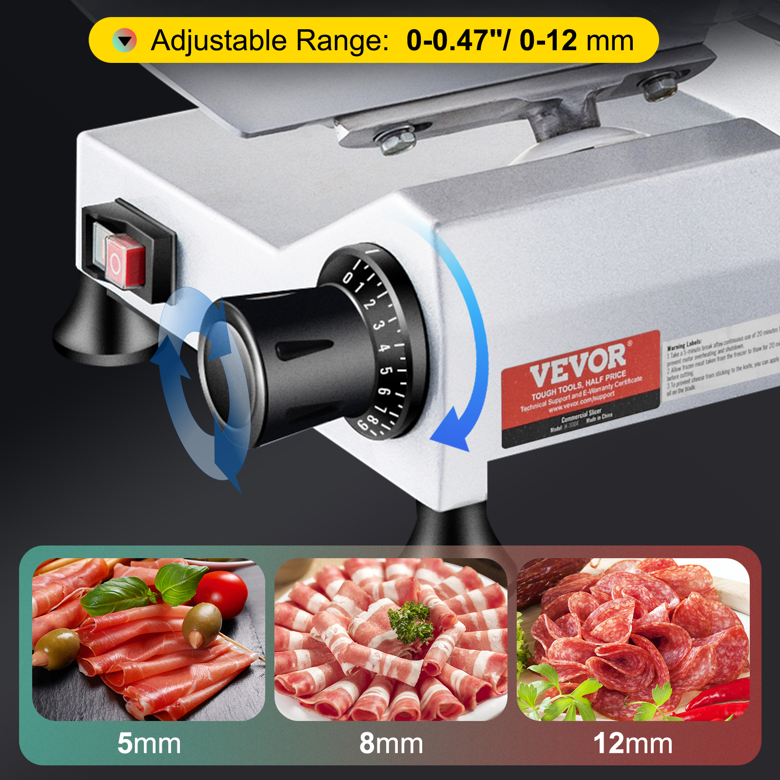 VEVOR meat slicer with adjustable thickness (0-12mm) for precise meat cuts at 5mm, 8mm, and 12mm.