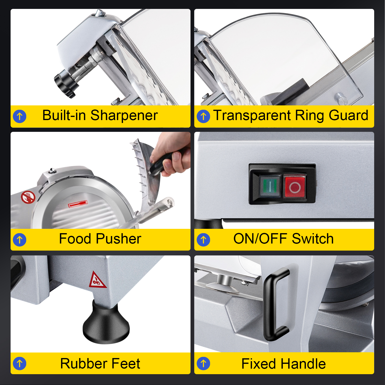 built-in sharpener, transparent ring guard, food pusher, on/off switch, rubber feet, and fixed handle on VEVOR meat slicer.
