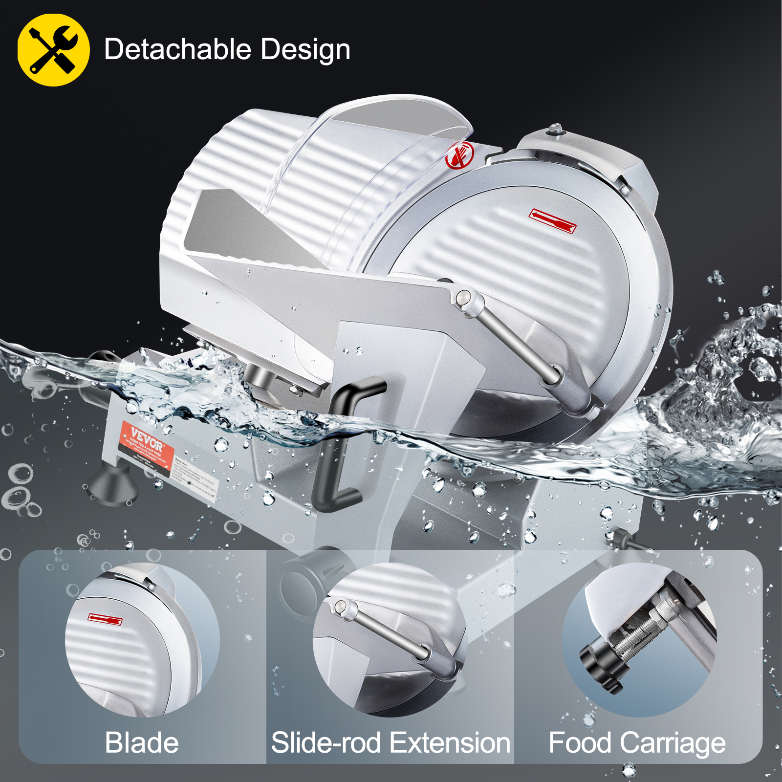 VEVOR meat slicer with detachable design, featuring blade, slide-rod extension, and food carriage.