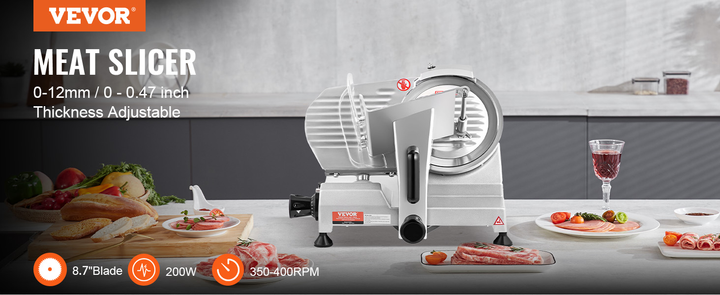 VEVOR meat slicer with 8.7" blade, 0-12mm slice thickness, and 240w motor for commercial use.