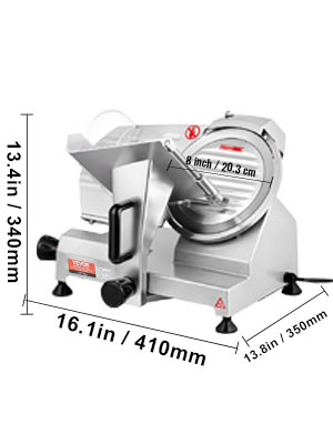 VEVOR meat slicer with an 8-inch blade, dimensions 16.1 x 13.8 x 13.4 inches, in stainless steel finish.