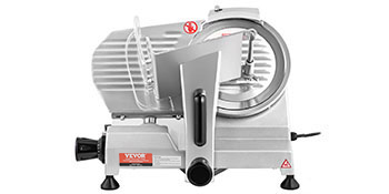 VEVOR meat slicer with stainless steel blade and safety guard, ideal for precise slicing tasks.