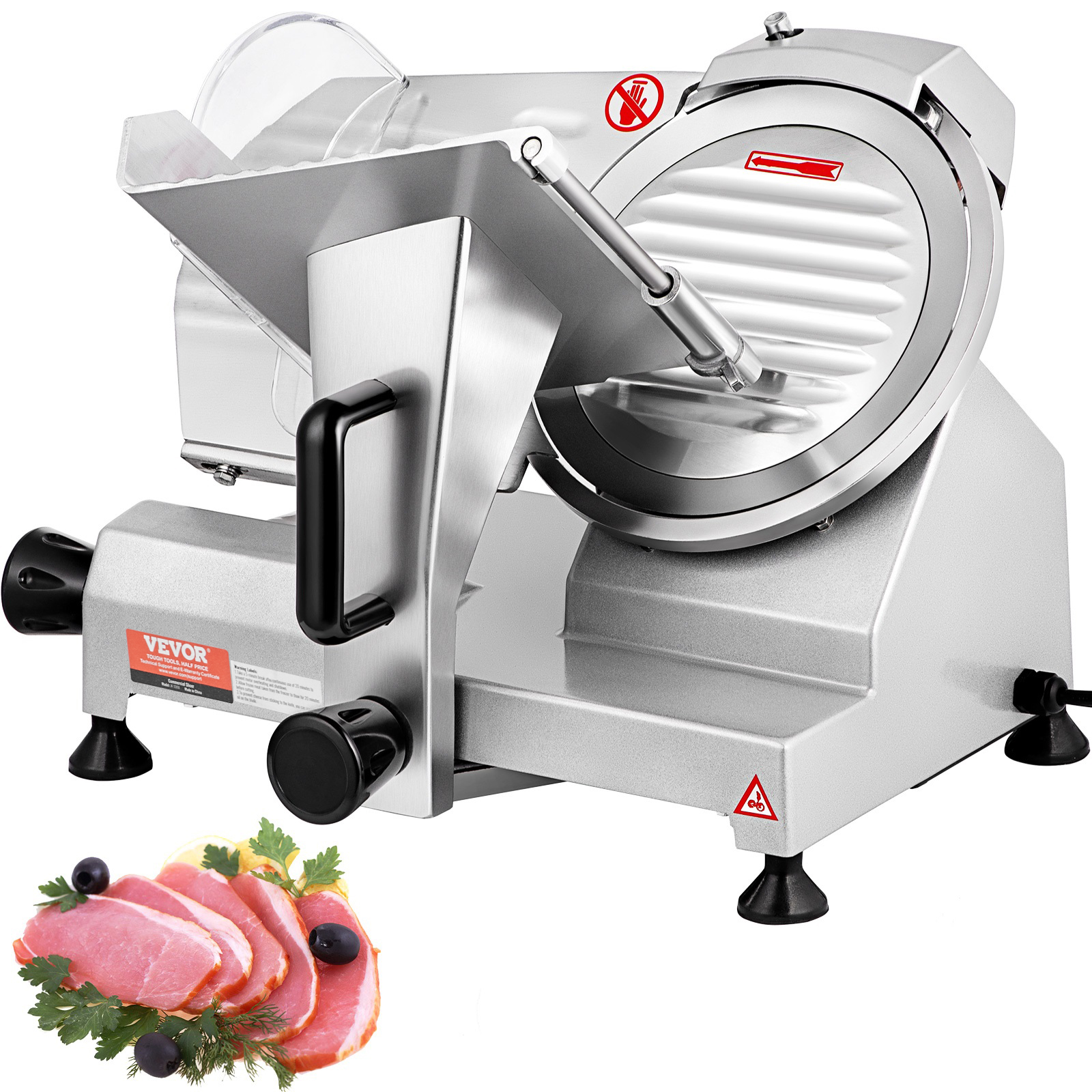 VEVOR meat slicer with stainless steel blade and handle, sliced meat and herbs at the base.