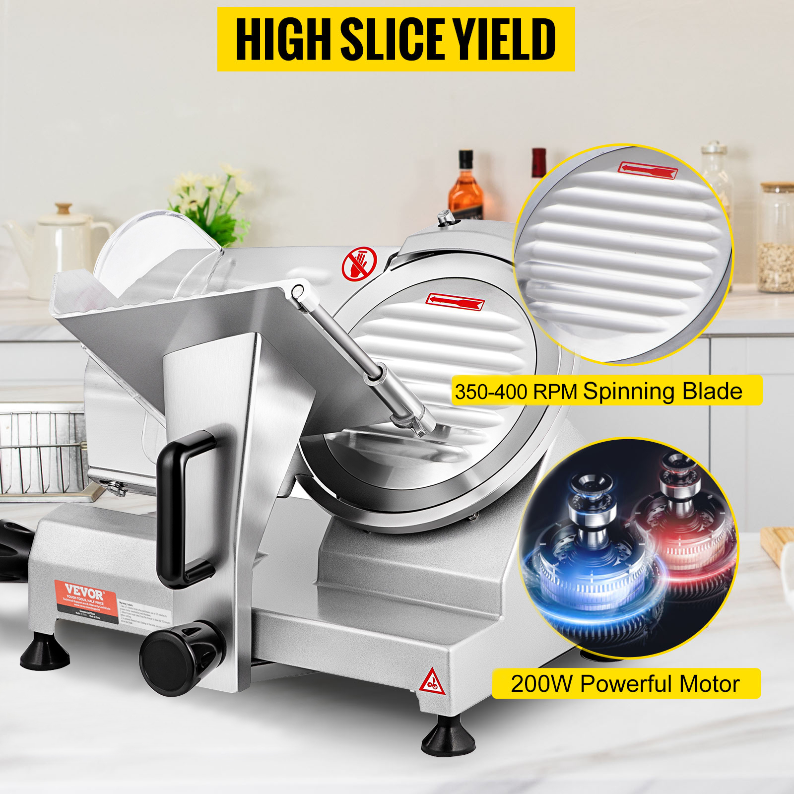VEVOR meat slicer with 350-400 rpm spinning blade and 200w motor on a kitchen countertop.