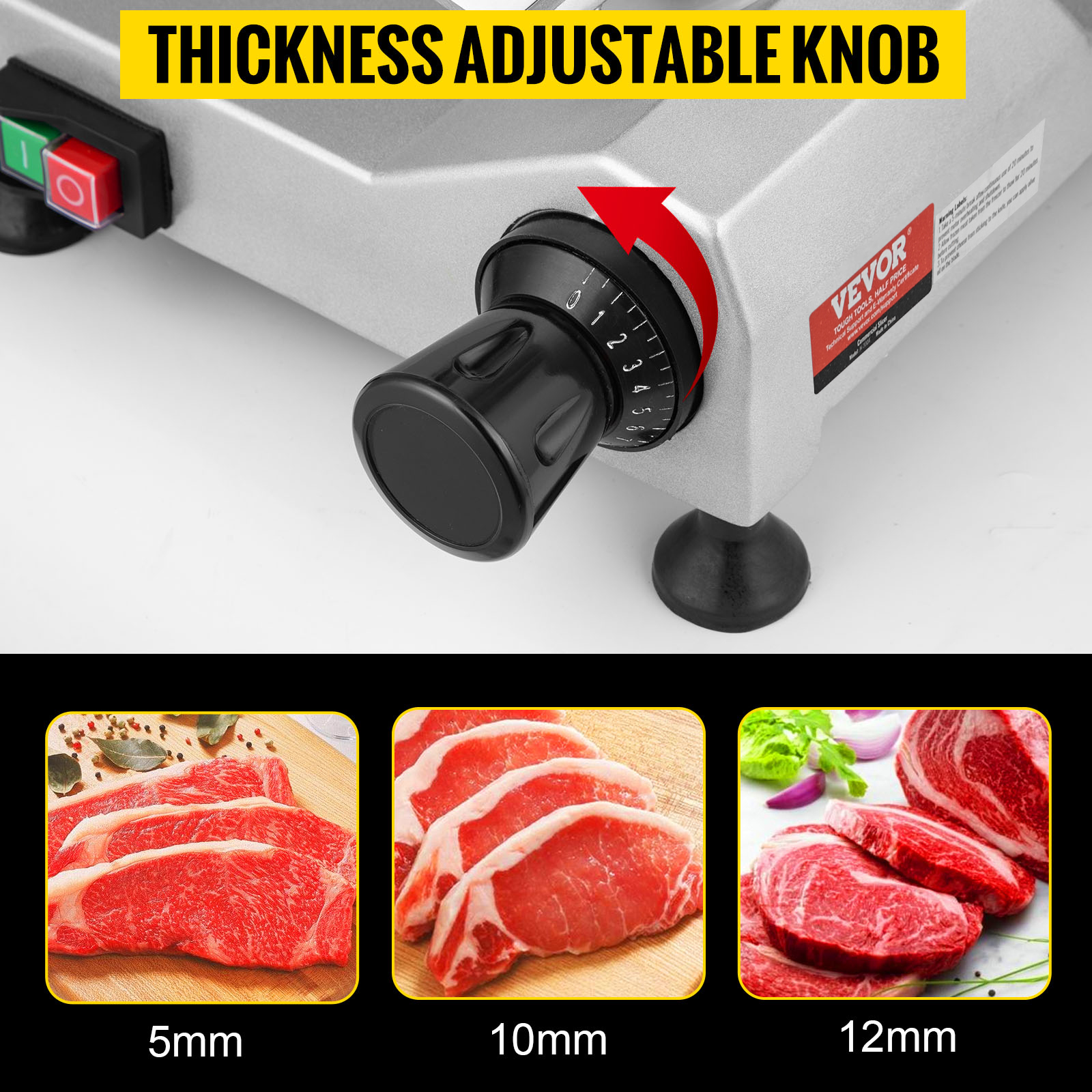 VEVOR meat slicer with thickness adjustable knob and sliced meat options at 5mm, 10mm, and 12mm.