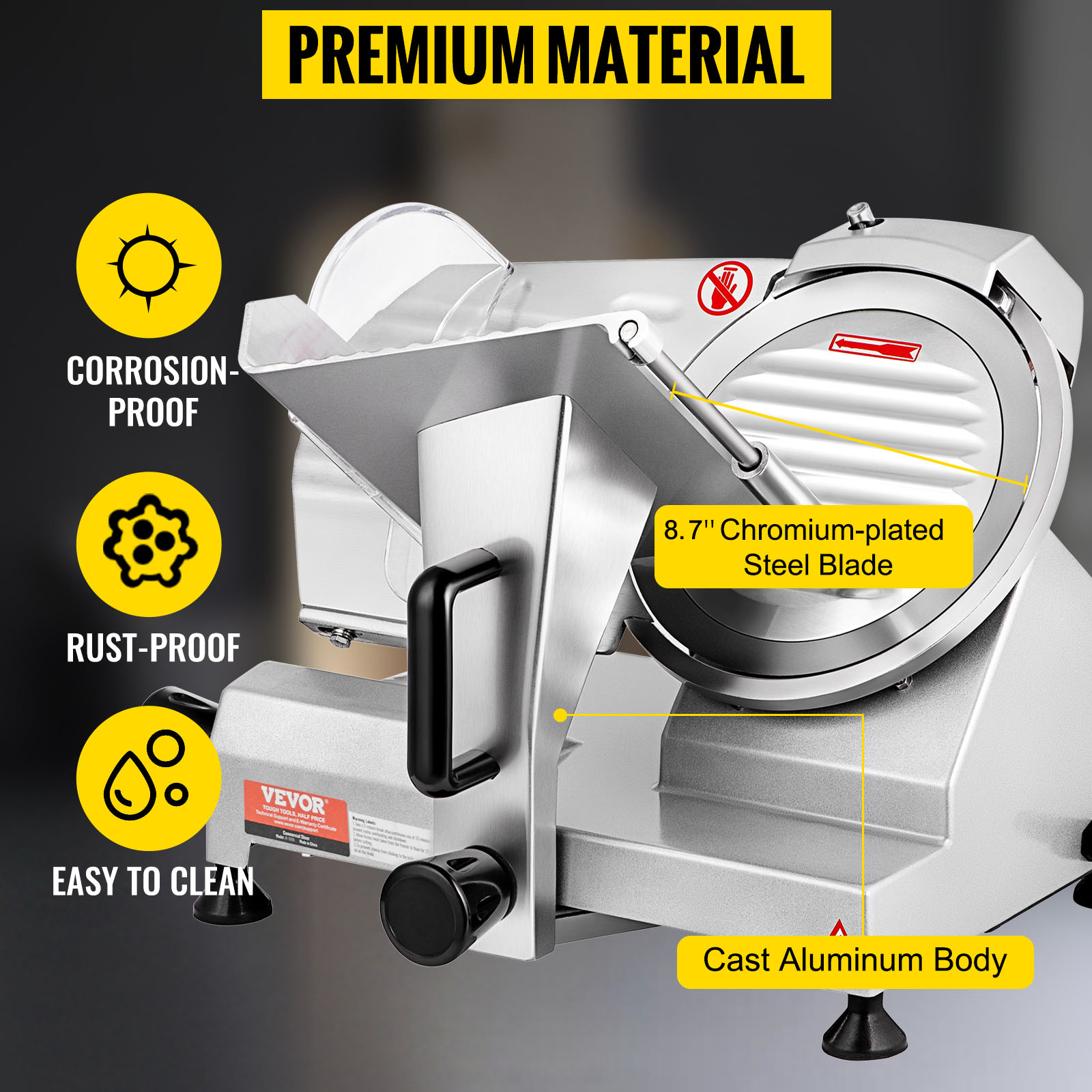 VEVOR meat slicer with 8.7" chromium-plated steel blade, cast aluminum body, corrosion and rust-proof.