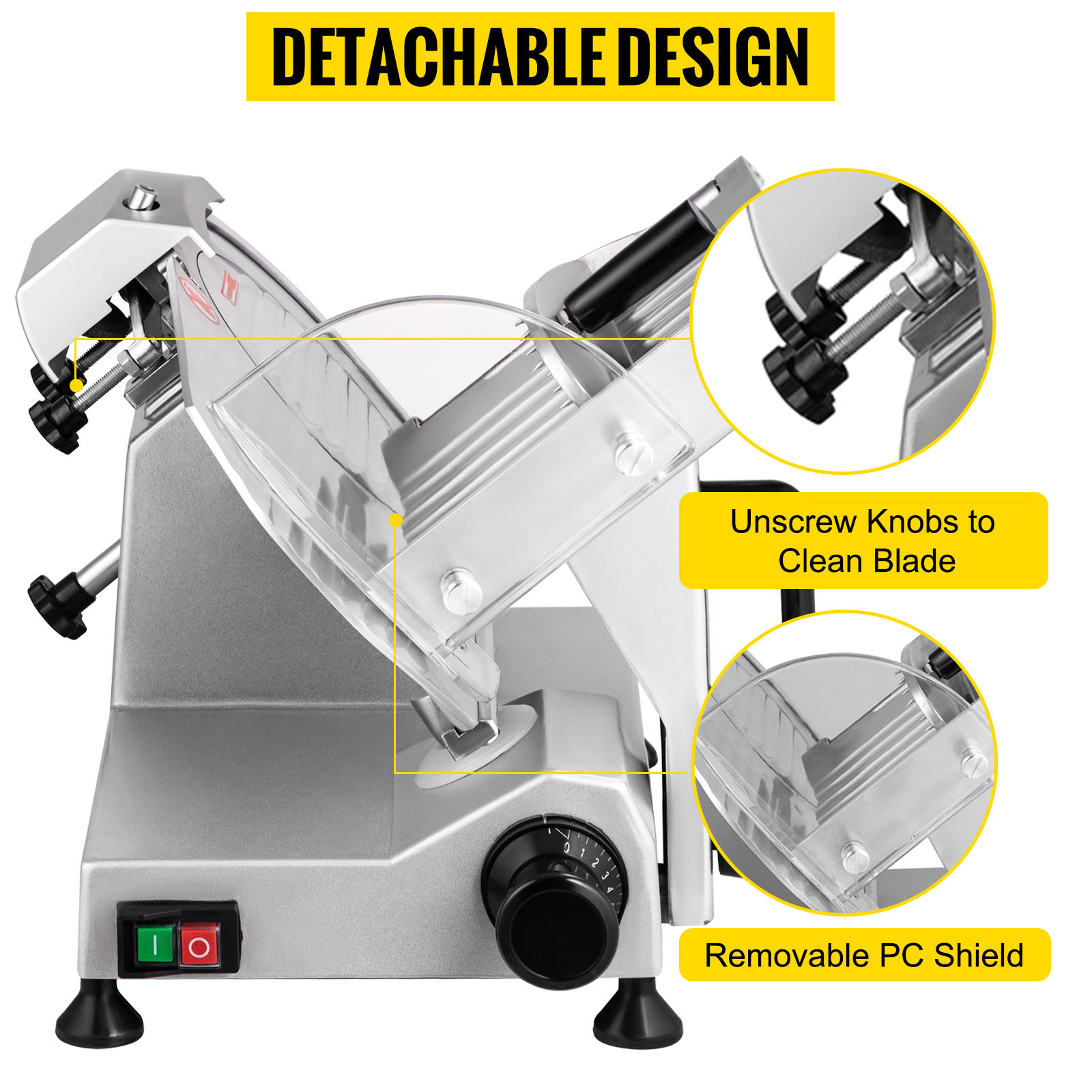detachable VEVOR meat slicer with adjustable knobs and removable pc shield for easy cleaning.