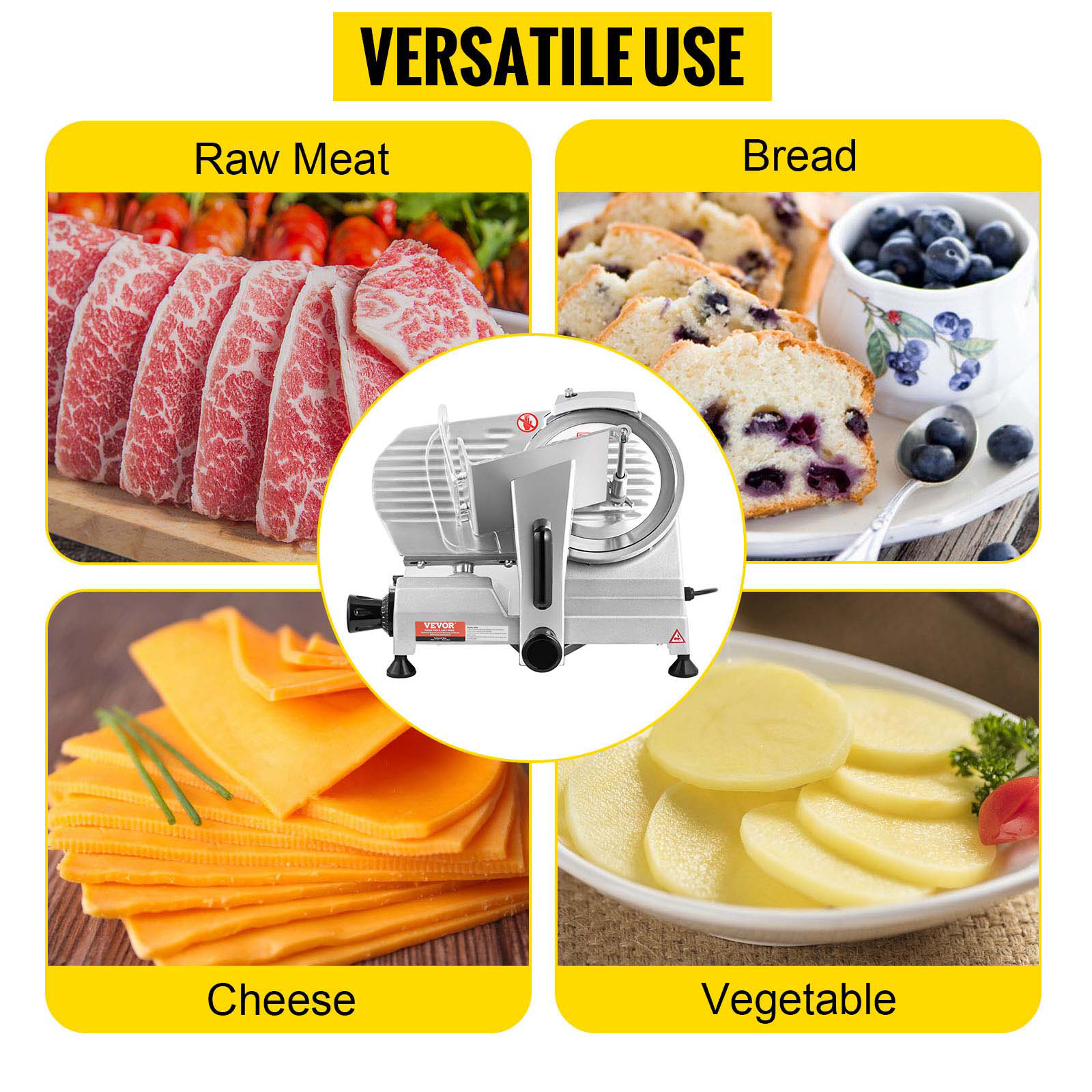 VEVOR meat slicer for slicing raw meat, bread, cheese, and vegetables, showcasing versatile use.