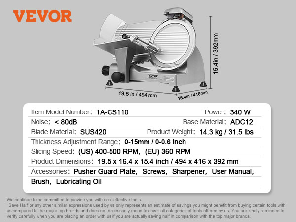 VEVOR meat slicer, sus420 blade, 340w, adc12 base, 14.3kg, 0-15mm thickness, 19.5x16.4x15.4 inch dimensions.