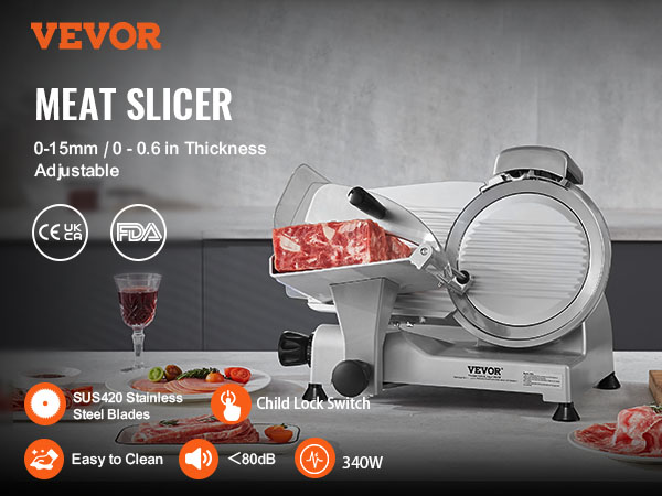 VEVOR meat slicer with adjustable thickness, sus420 stainless steel blades, child lock switch, easy to clean.