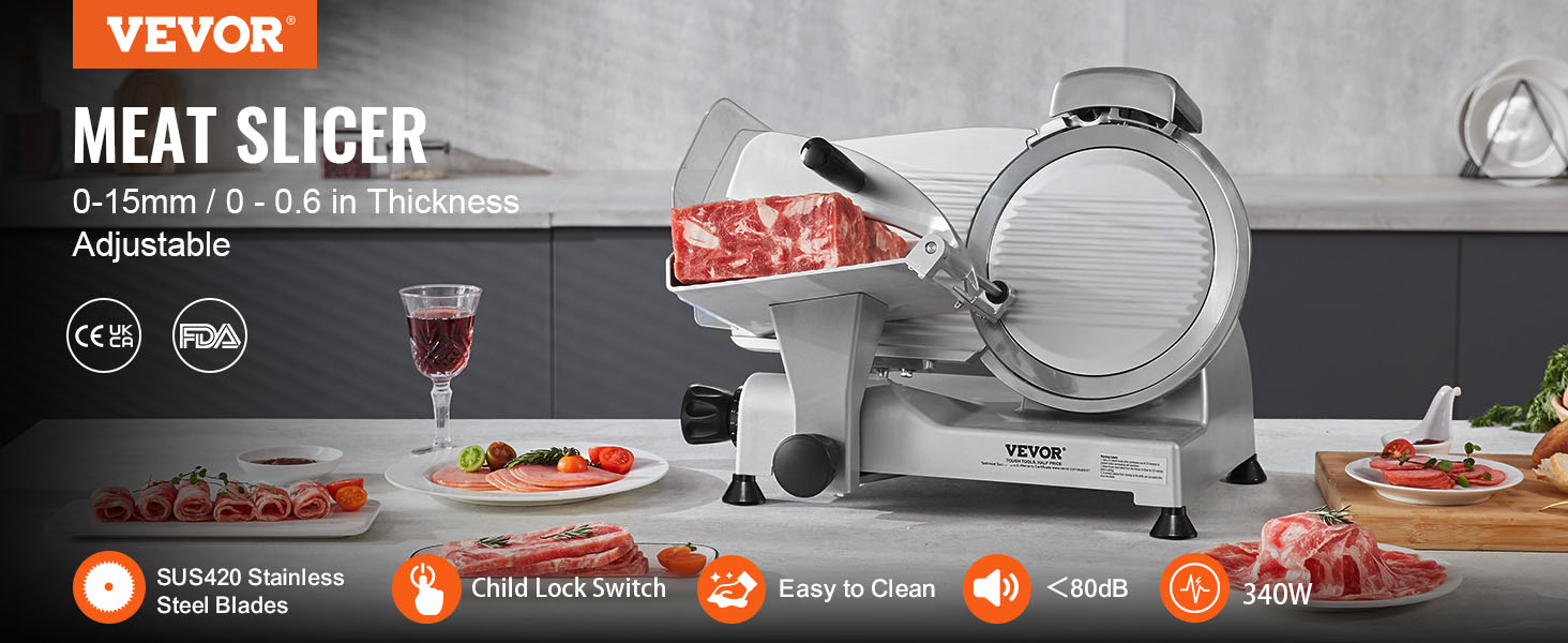 VEVOR meat slicer with adjustable thickness, sus420 stainless steel blades, child lock switch, easy to clean.