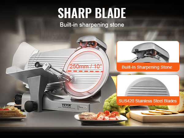 VEVOR meat slicer with sus420 stainless steel blades and built-in sharpening stone, 250mm/10".