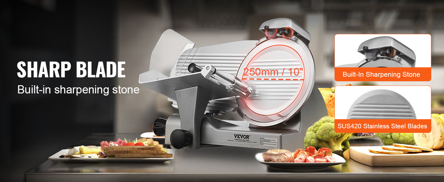 VEVOR meat slicer with sus420 stainless steel blades and built-in sharpening stone, 250mm/10".