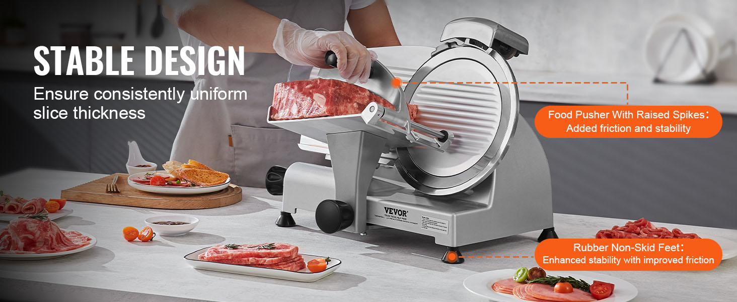 VEVOR meat slicer in action, featuring a stable design, food pusher with spikes, and rubber non-skid feet.