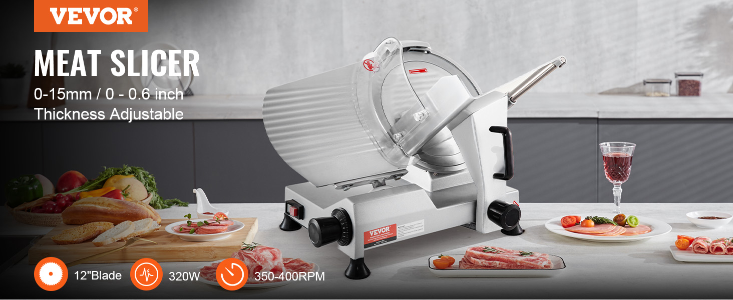 VEVOR commercial meat slicer with 12" blade, 0-16mm slice thickness, 250w motor.
