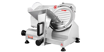 VEVOR commercial meat slicer with stainless steel blade and safety guard on white background.