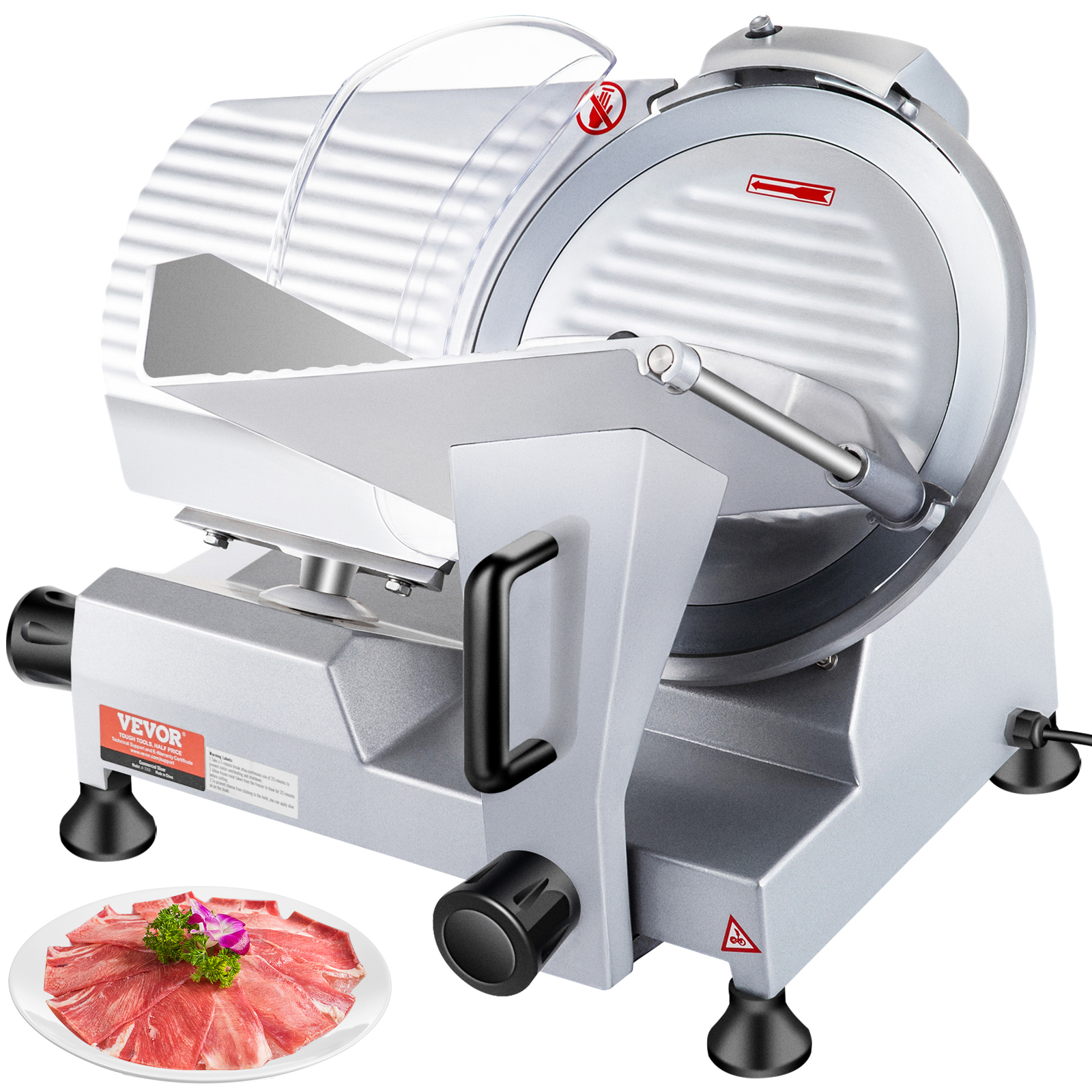VEVOR commercial meat slicer with stainless steel blade, adjustable thickness, and sliced meat platter.