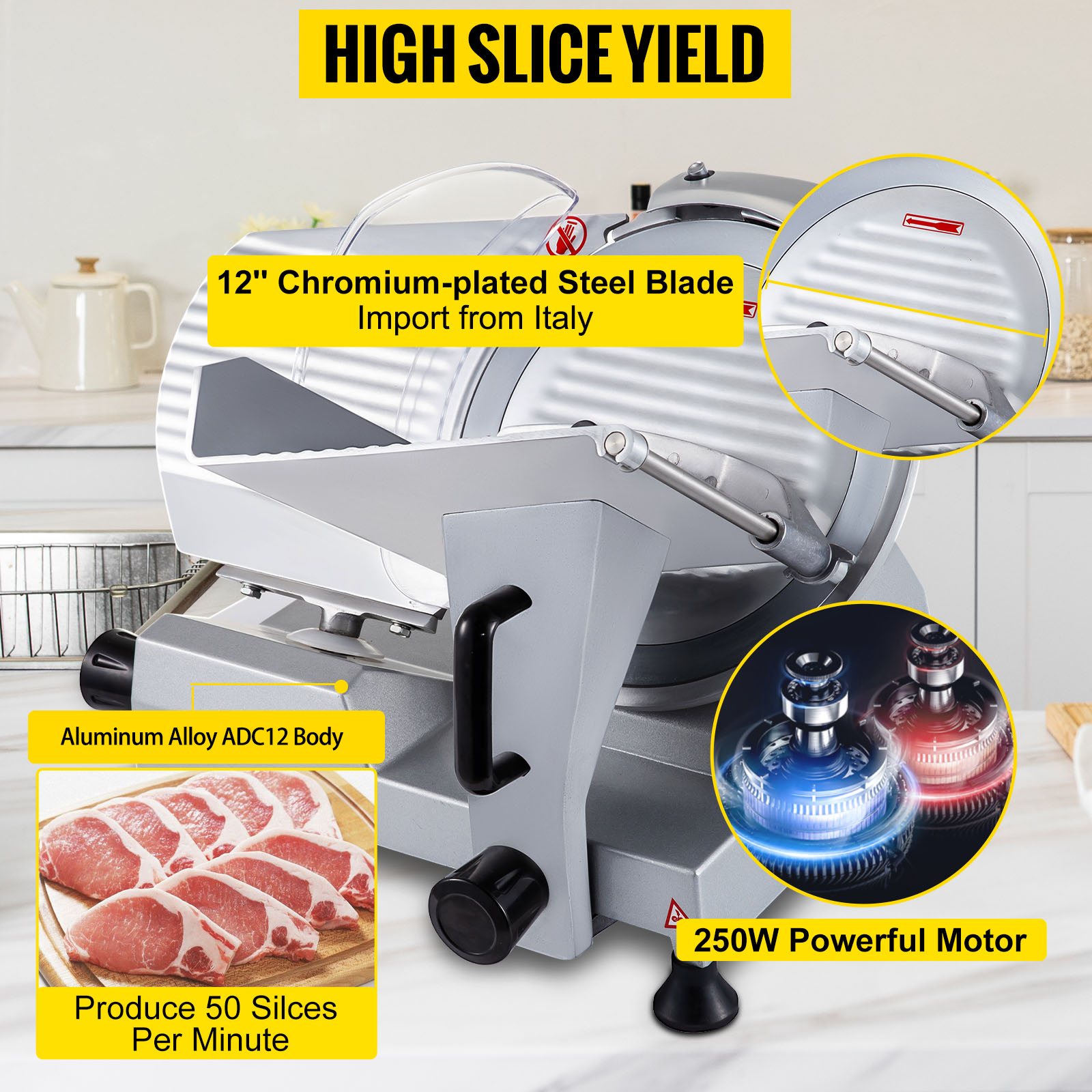 VEVOR commercial meat slicer with 12" chromium-plated steel blade, adc12 aluminum alloy body, 250w motor.