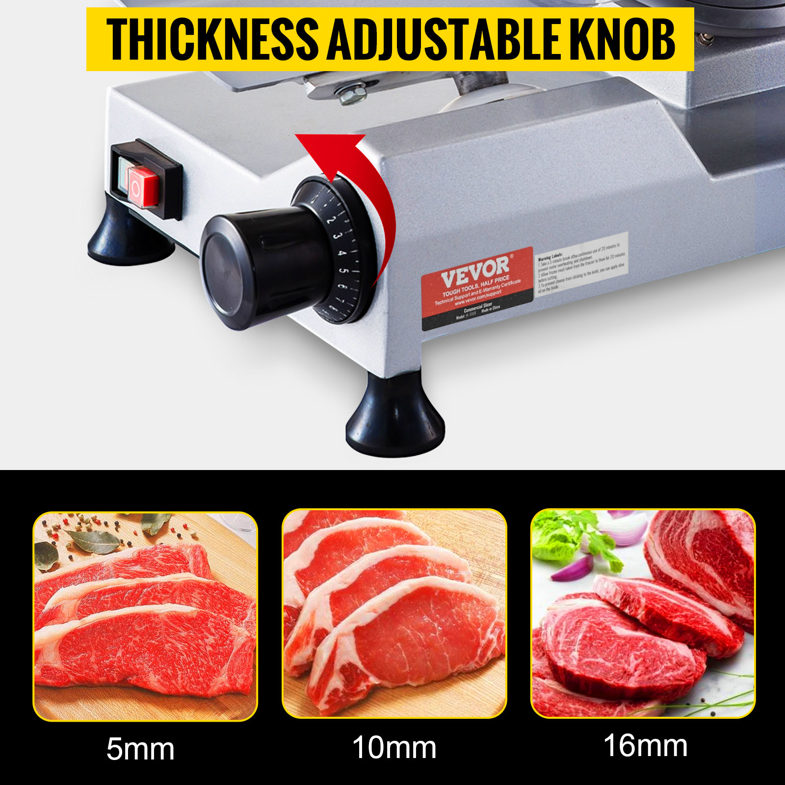VEVOR commercial meat slicer with thickness adjustable knob and sliced meat at 5mm, 10mm, 16mm.