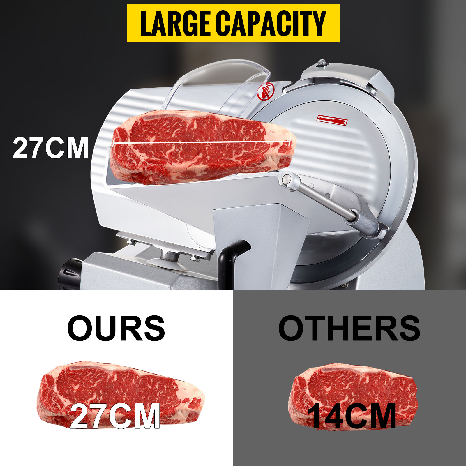 VEVOR commercial meat slicer with large 27cm blade, showcasing comparison with other 14cm slicers.