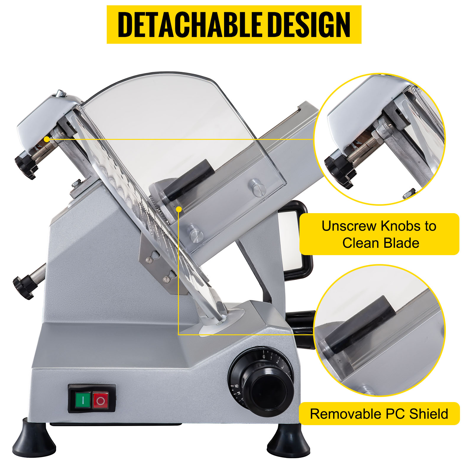 VEVOR commercial meat slicer with detachable design, screw knobs for easy blade cleaning, and pc shield.