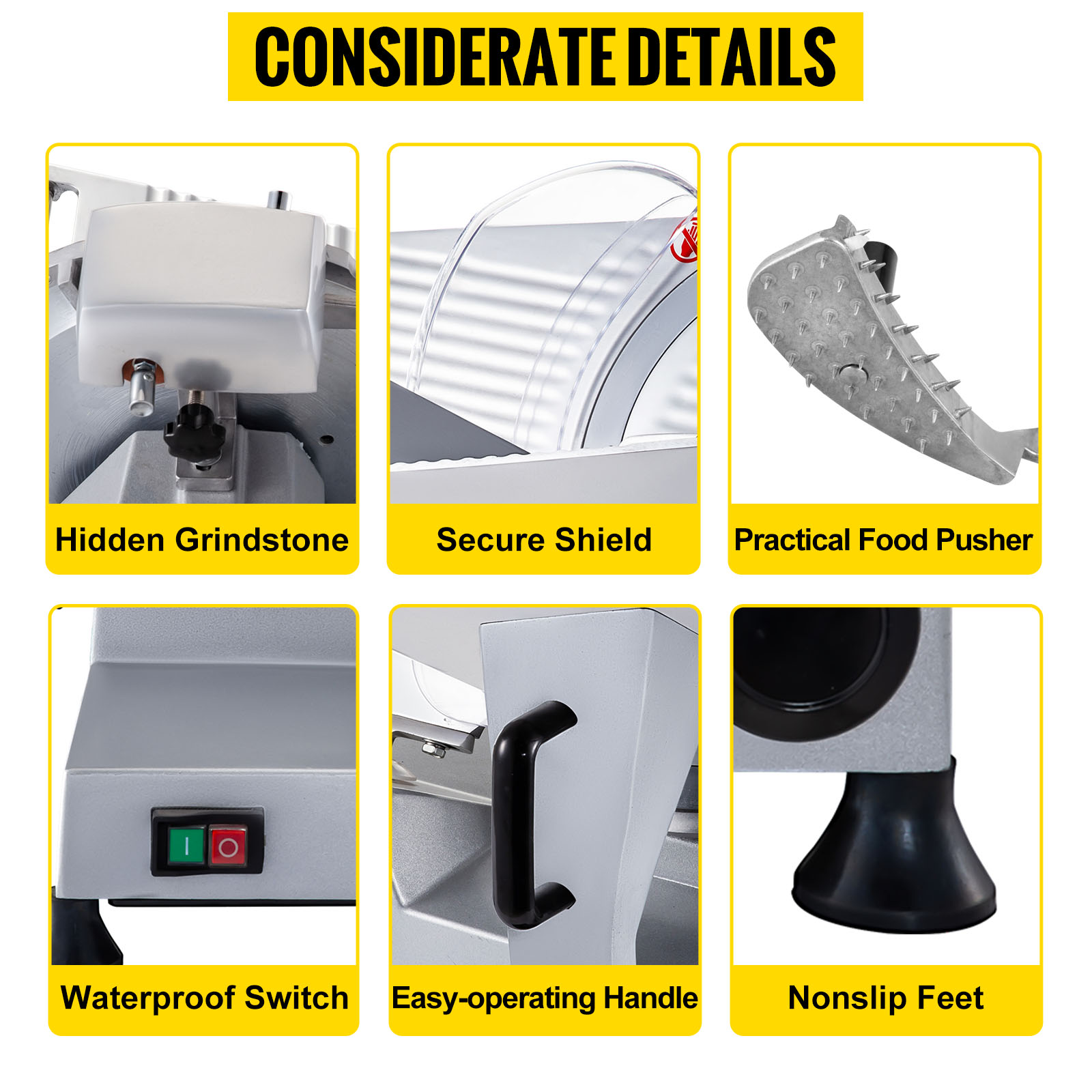 VEVOR commercial meat slicer features hidden grindstone, secure shield, practical food pusher
