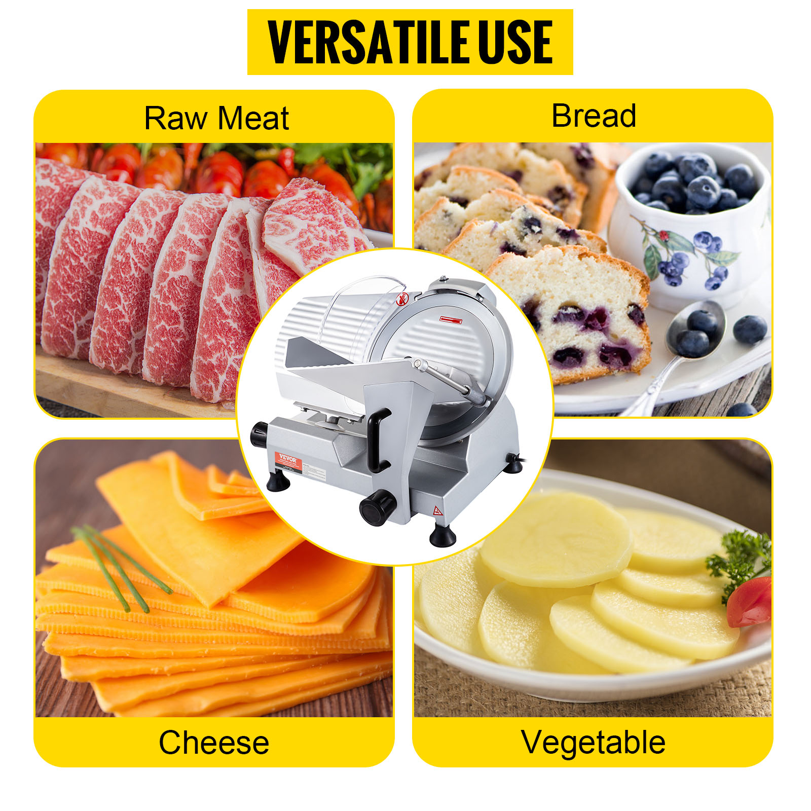 VEVOR commercial meat slicer showcasing versatility: raw meat, bread, cheese, and vegetables.