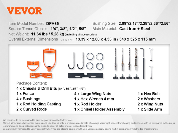 VEVOR mortising attachment kit with detailed dimensions, package contents, and product features.