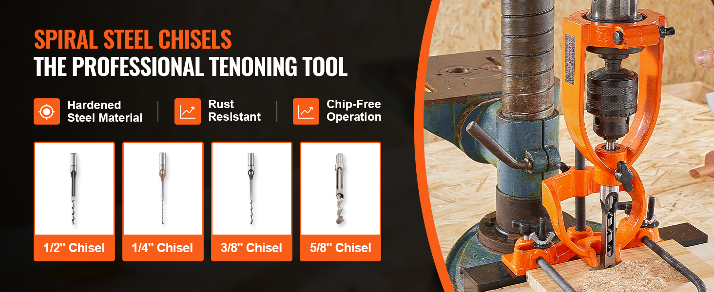 VEVOR mortising attachment with spiral steel chisels: 1/2", 1/4", 3/8", 5/8". hardened steel, rust resistant.