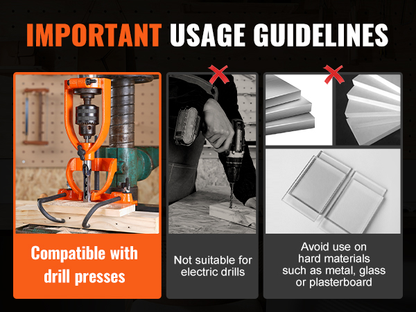 VEVOR mortising attachment usage guidelines: compatible with drill presses, not suitable for electric drills.