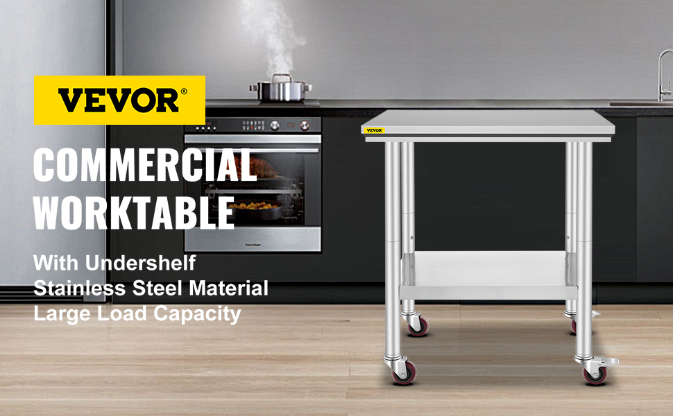 VEVOR stainless steel work table with undershelf in a modern kitchen setting.