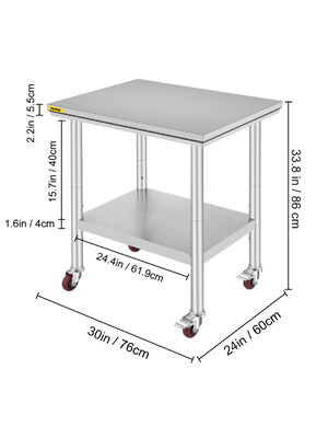 VEVOR stainless steel work table with shelf and caster wheels, dimensions labeled.