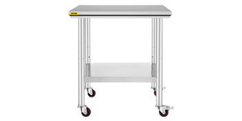 VEVOR stainless steel work table with wheels and lower shelf for extra storage.