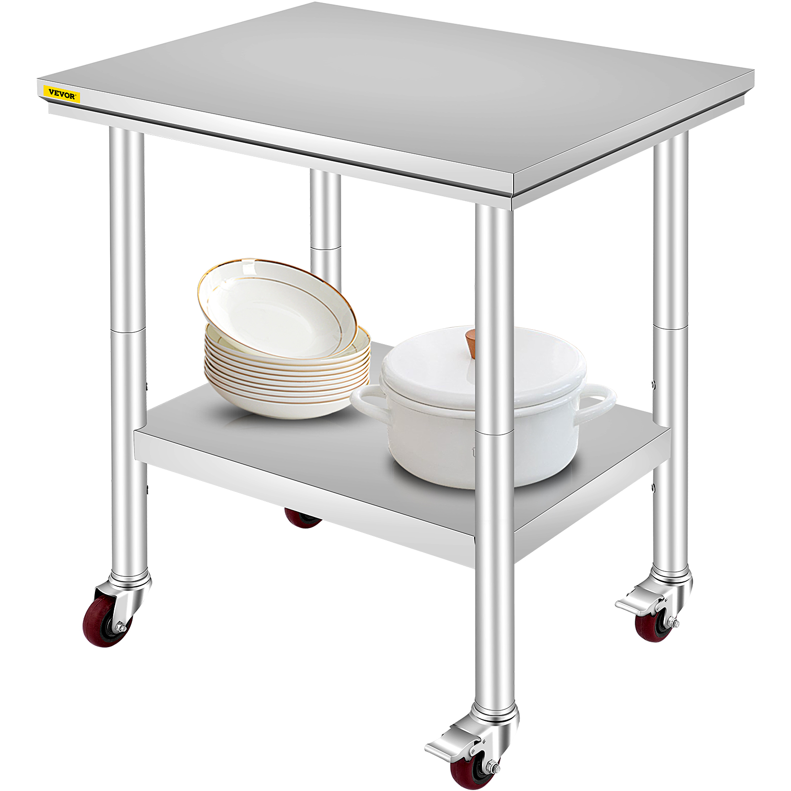 VEVOR stainless steel work table with white cook pot and stack of bowls on lower shelf