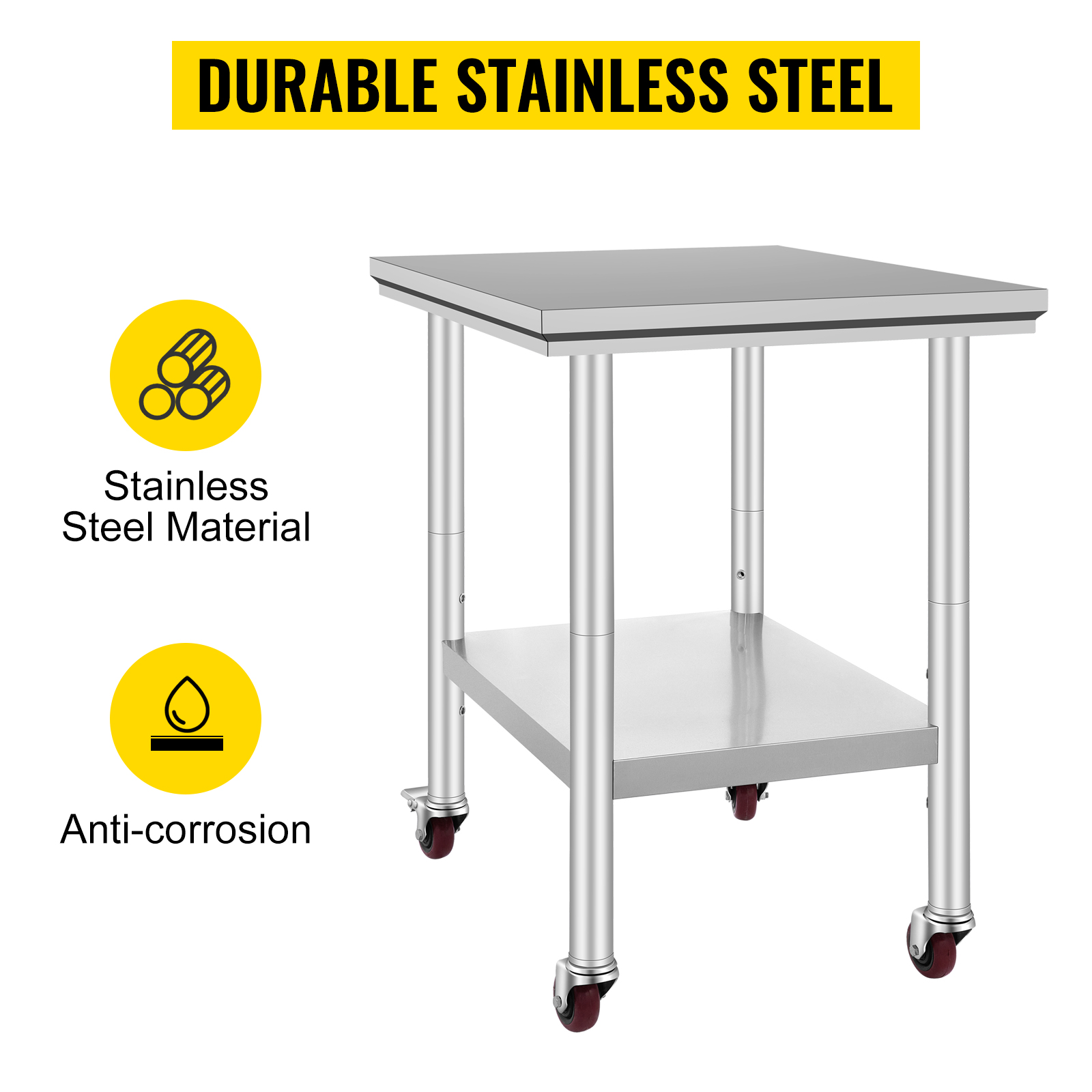 VEVOR stainless steel work table with wheels, anti-corrosion, durable construction.