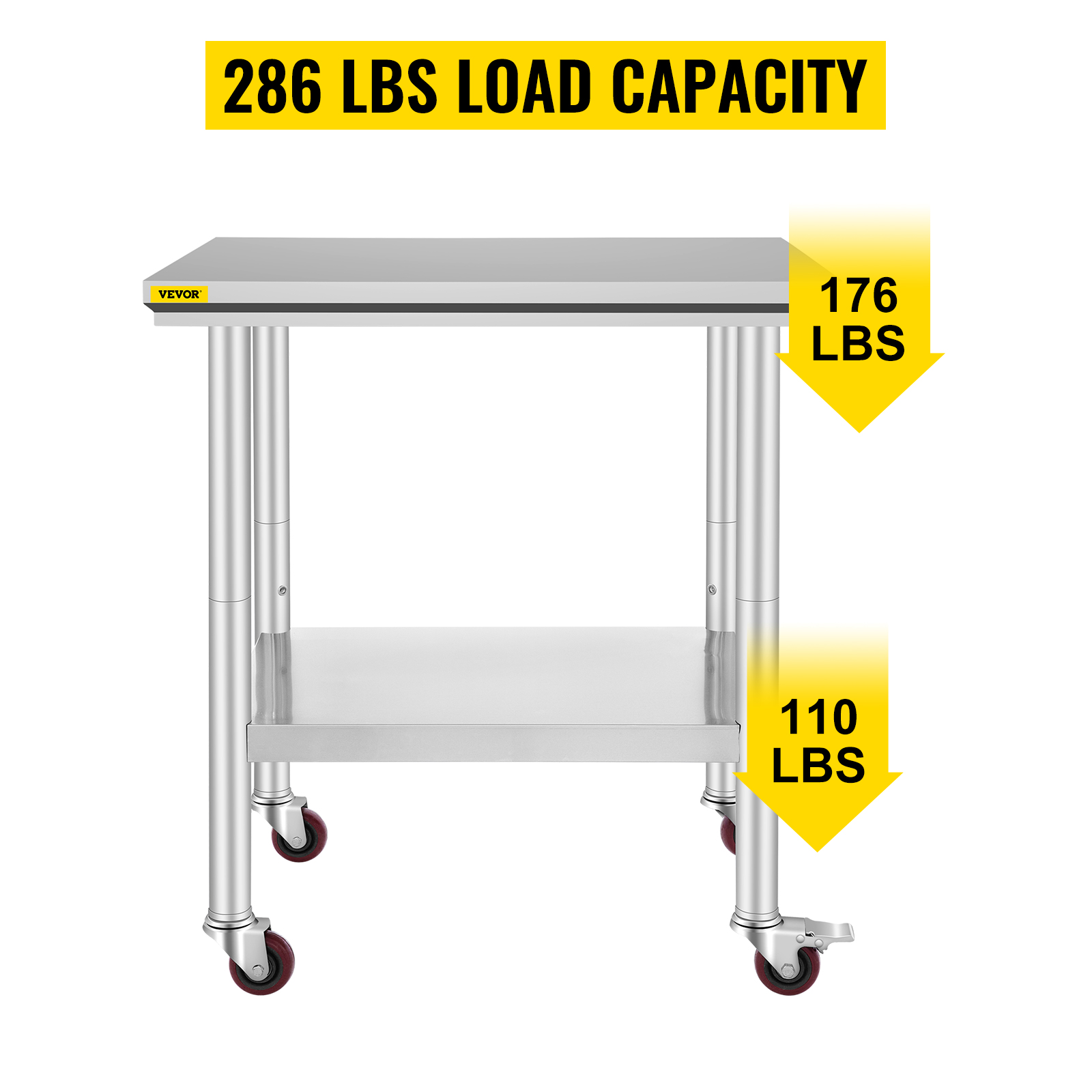 VEVOR stainless steel work table with 286 lbs load capacity on wheels.