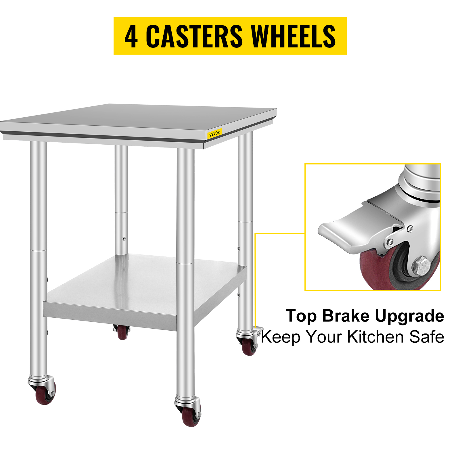 VEVOR stainless steel work table with 4 caster wheels and top brake upgrade.