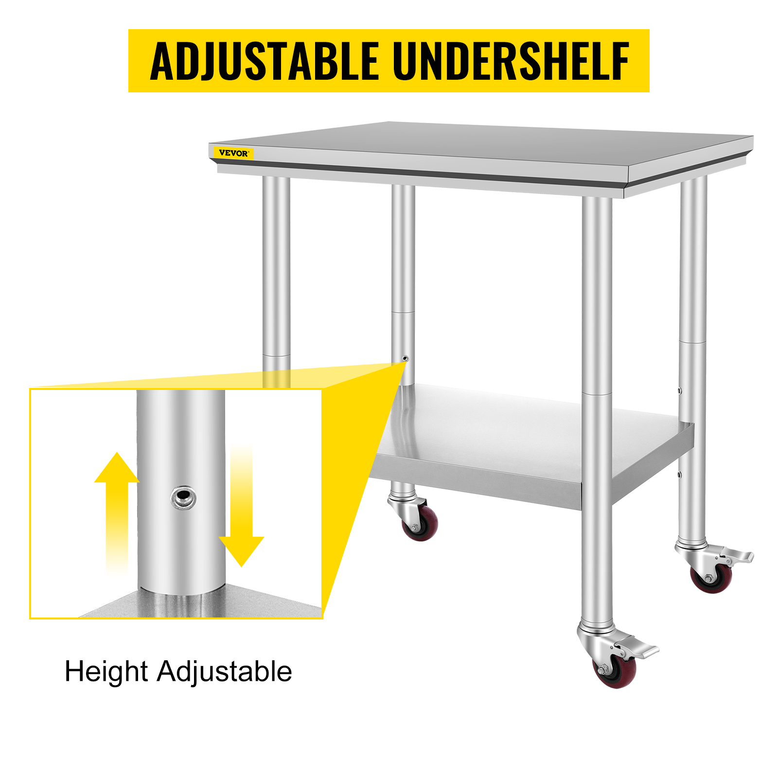VEVOR stainless steel work table with adjustable undershelf and locking caster wheels.