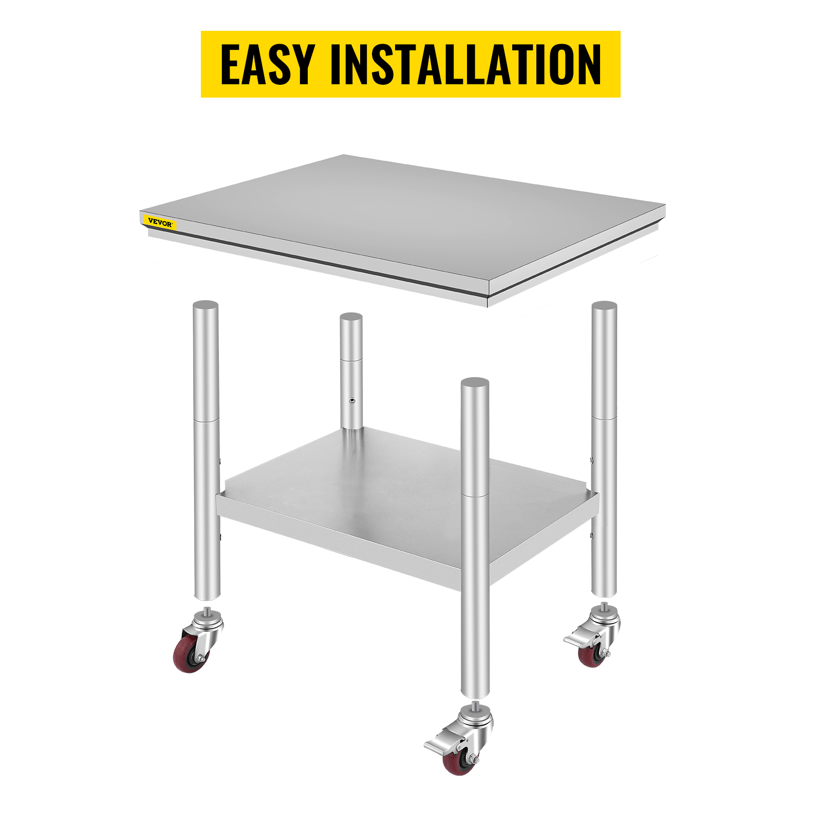 VEVOR stainless steel work table with easy installation and caster wheels.