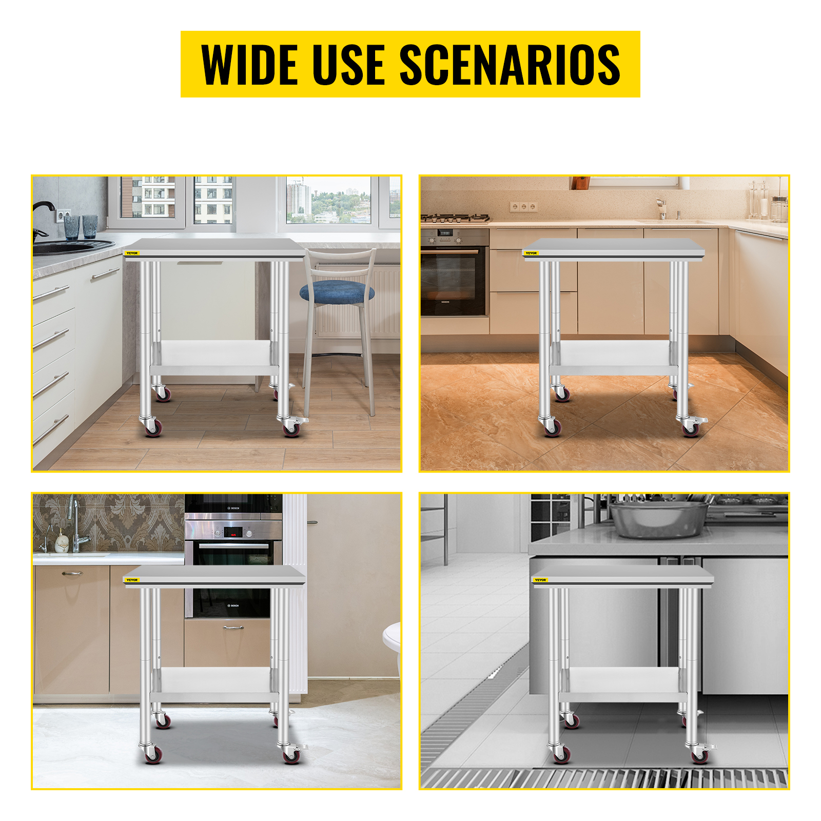VEVOR stainless steel work table in various kitchen setups showcasing versatility.