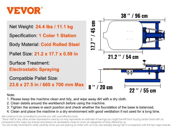 VEVOR screen printing machine: 1 color, 1 station, cold rolled steel, electrostatic spraying, pallet size 21.2 x 17.7 in.