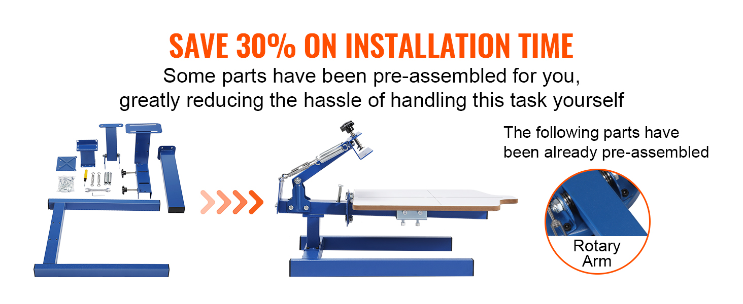 Машина для трафаретной печати VEVOR с предварительно собранными деталями сокращает время монтажа на 30%.