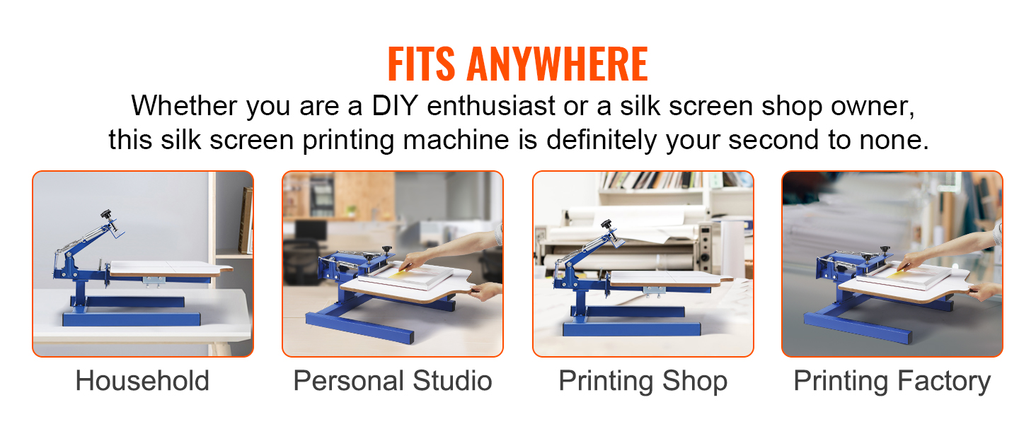 Машина для трафаретной печати VEVOR подходит для любого места — домашнего хозяйства, личной студии, типографии или фабрики.