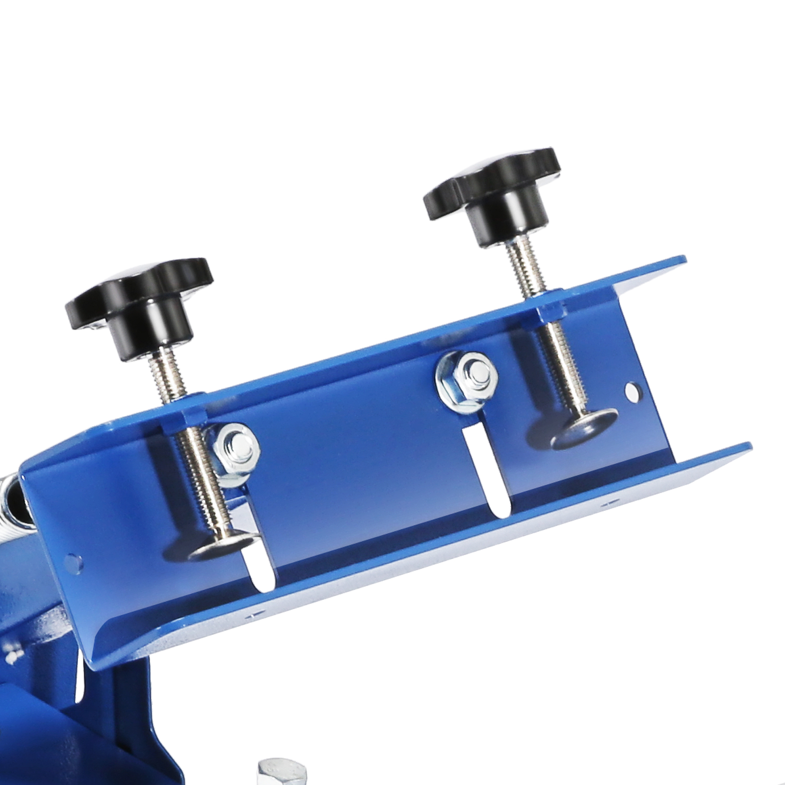 blue metal component of the VEVOR screen printing machine with adjustable knobs.