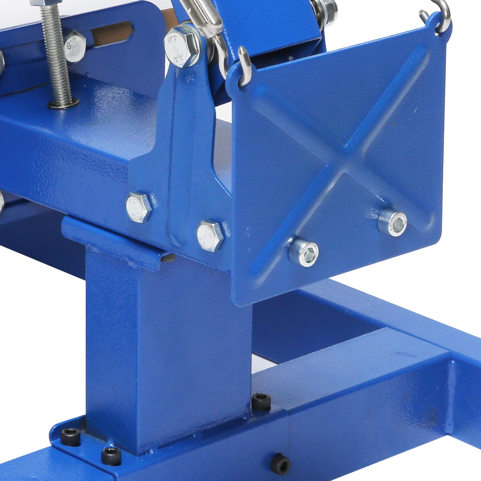 close-up of the sturdy blue VEVOR screen printing machine clamp and bolts.