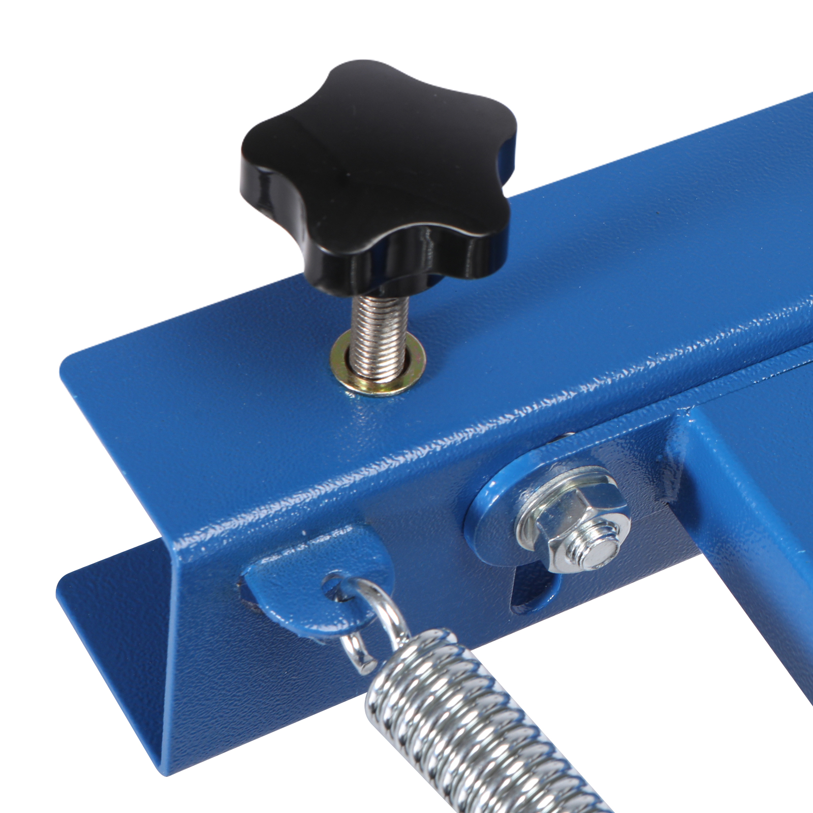 blue-metal component close-up with a knurled knob and spring mechanism, part of a VEVOR screen printing machine.
