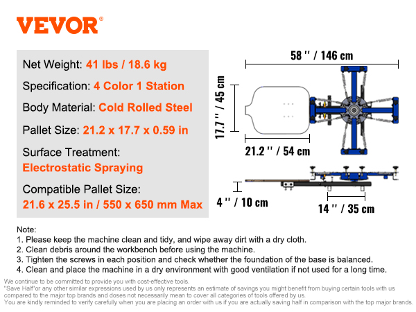 VEVOR screen printing machine diagram with dimensions, specifications, and care instructions.