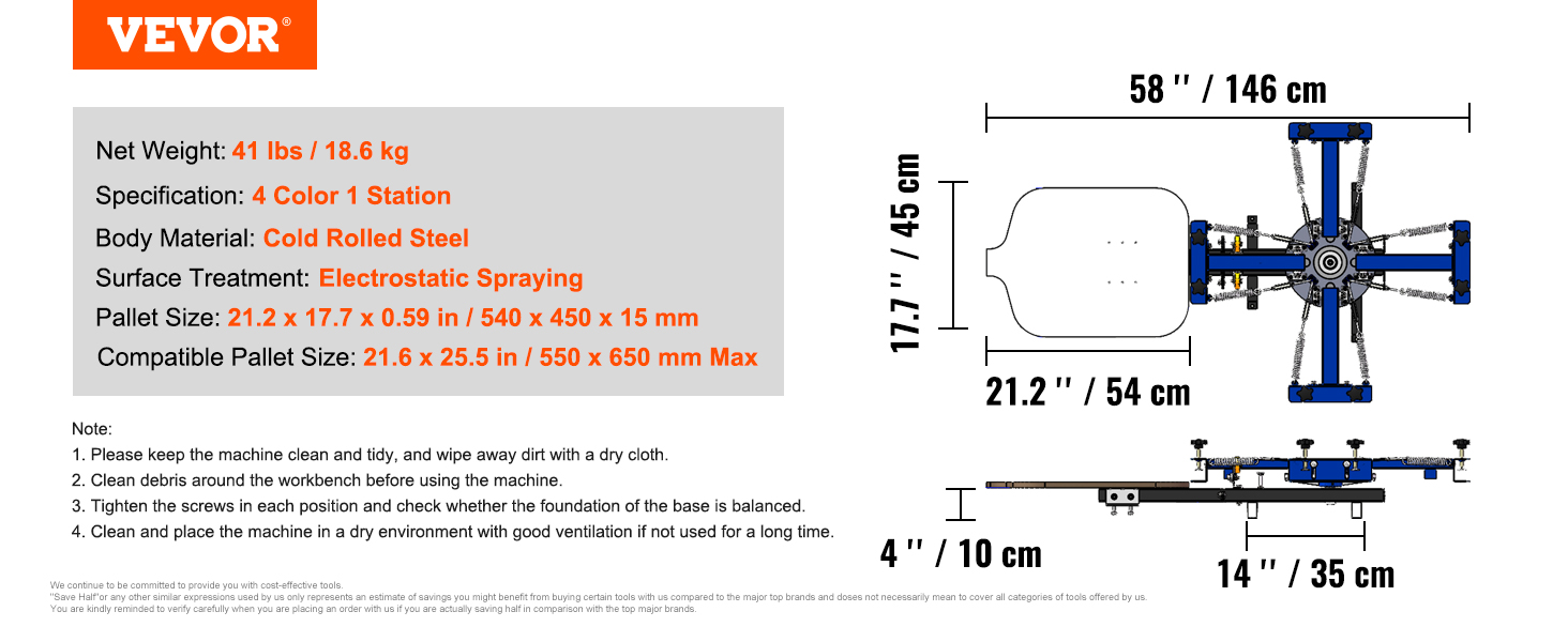 VEVOR screen printing machine diagram with dimensions, specifications, and care instructions.
