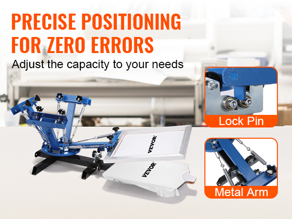 Трафаретная печатная машина VEVOR с точным позиционированием, стопорным штифтом и металлическим рычагом для фиксации.